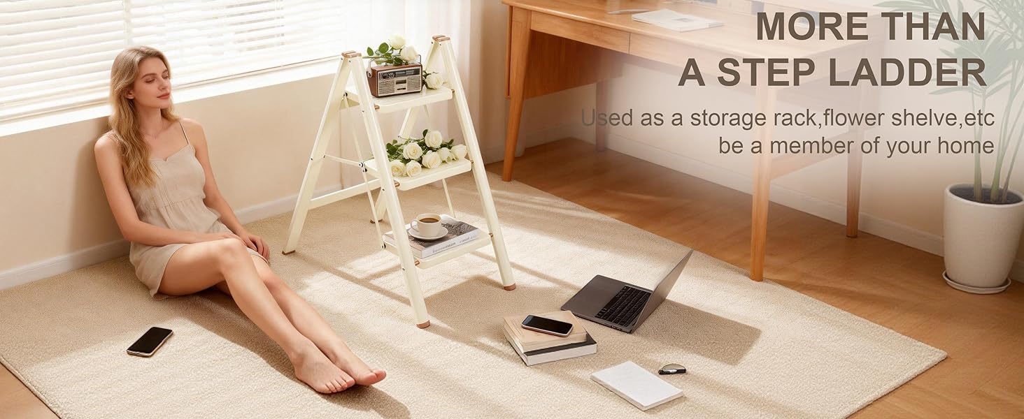 3 Step Ladder,Lightweight Folding Step Stool with Wide Anti-Slip Pedal, 330LBS Capacity, Heavy Duty,Sturdy Iron Metal Step Stool for Home, Kitchen, Closet, Adults, Cream White