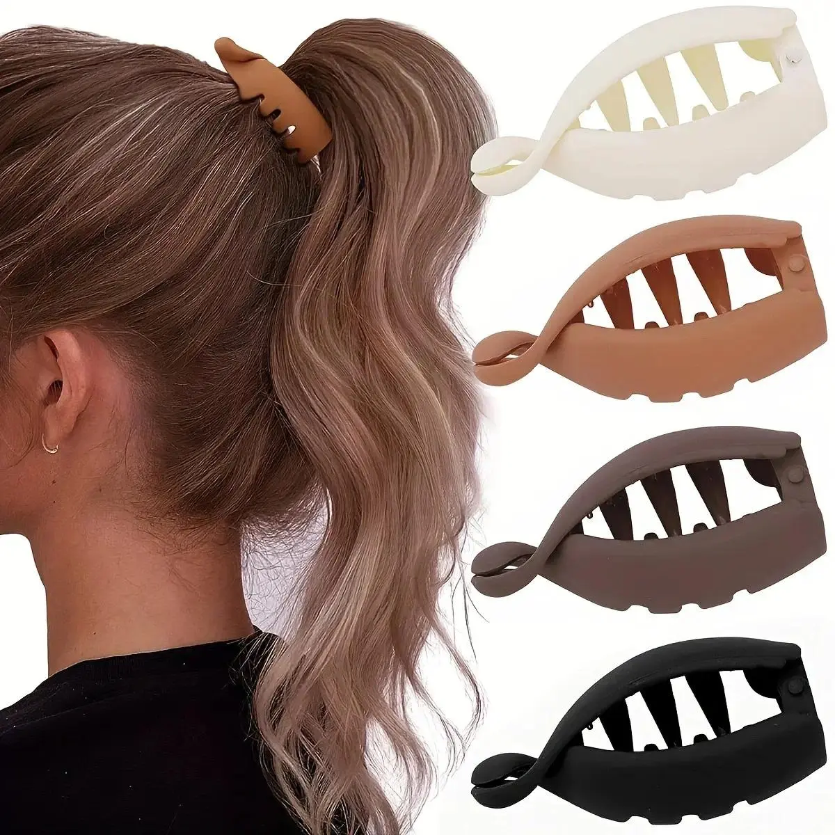 4Pcs Matte Neutral Tone Banana Hair Claw Clips, Non-Slip Durable Strong Hold Hair Grips for Thick Hair, Minimalist Hair Accessory for Daily Office High Ponytail Hairstyling