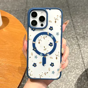 Premium TPU Magnetic MagSafe Case for iPhone 11/12/13/14/15/16/17 Pro Max, Minimal Navy Wildflowers Design, Anti-Fall, Ultra-Thin, Ideal for Everyday Use