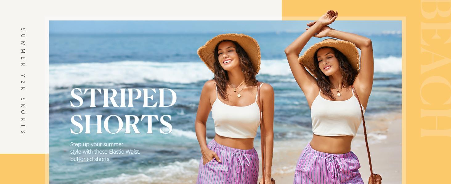 FMEYOA Womens Summer Striped Mini Skirts Casual Drawstring Elastic Waist Button Cute Y2K Skorts Shorts