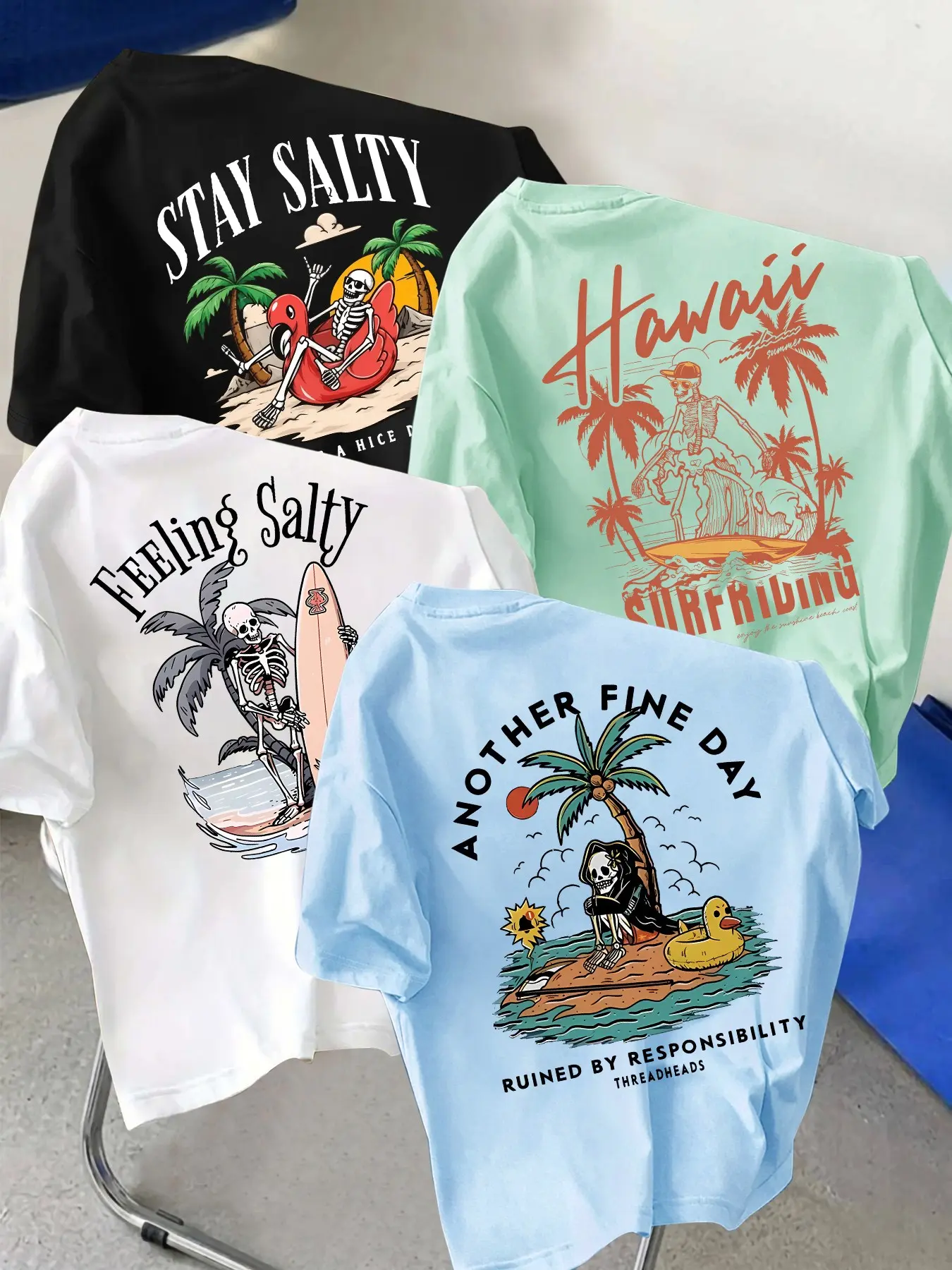 4 Pack Mens Crew Neck Short Sleeve Tees Tropical Hawaii Beach Surfboard Palm Tree Funny Slogan Back Graphic Print Loose Fit, Casual Beach Style, Coastal Summer Vacation Streetwear Tops For Surf Travel Daily Casual Outfit