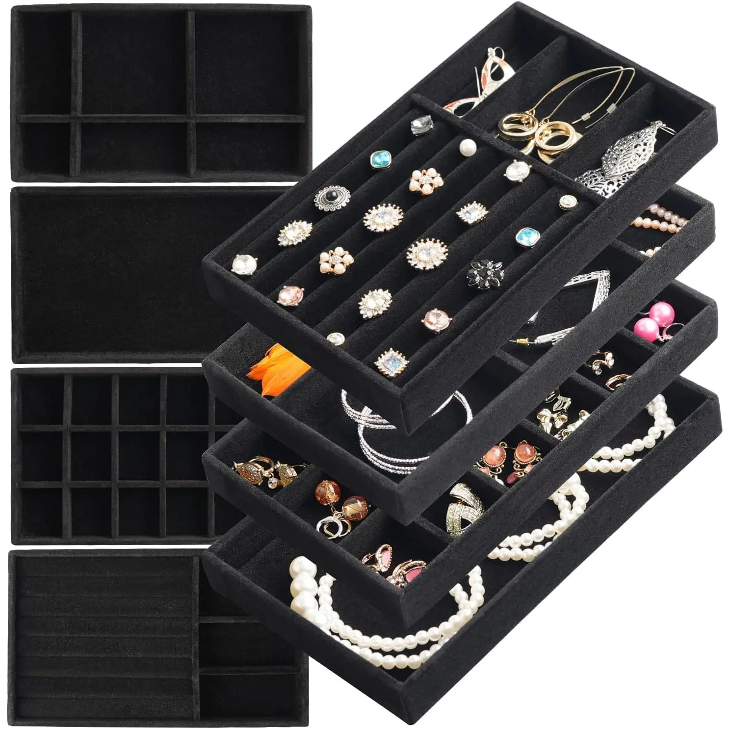 Organizer Tray Set Of 8  Trays For Drawers and Can Effectively Organize  Such As Rings, Earrings, Necklaces And Bracelets  Drawer Organizer (Black)