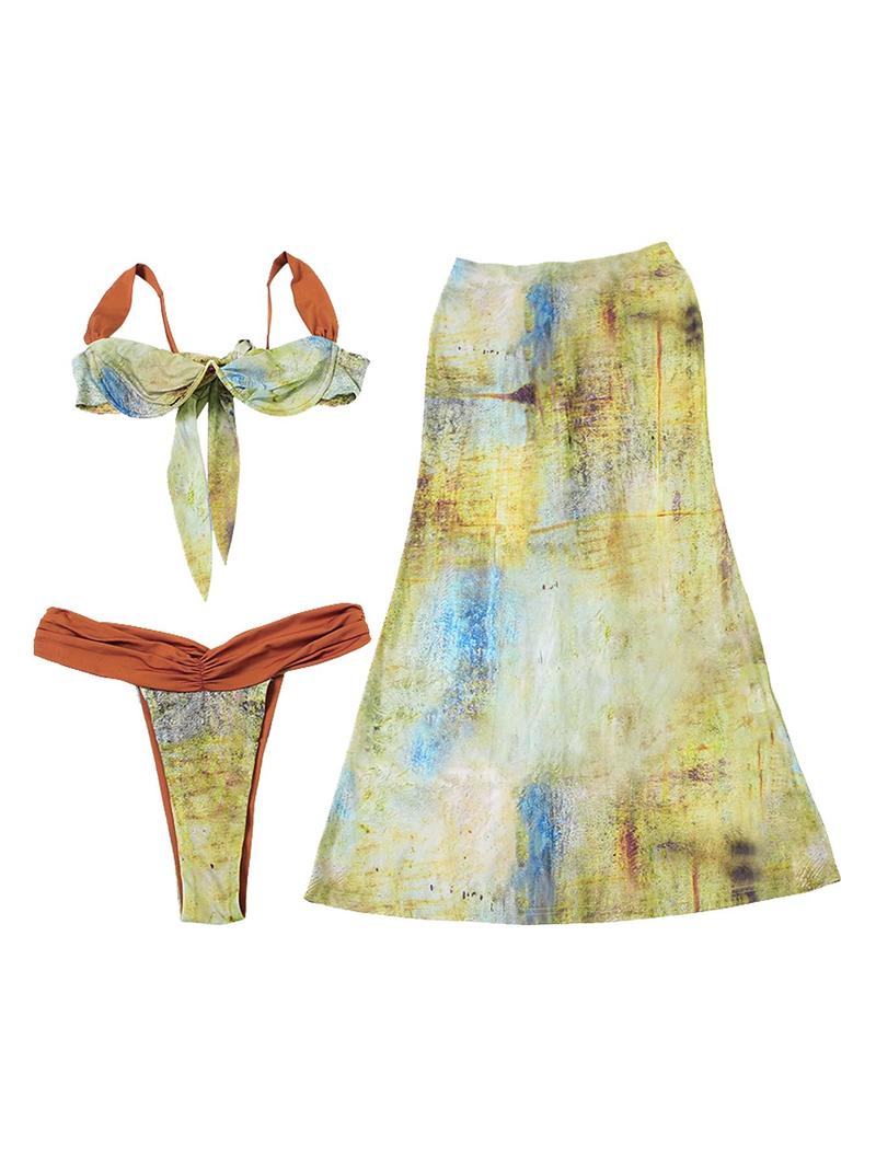 Summer Seaside Vacation Dunhuang Style Print Classical Sexy Hot Cool Women's Skirt Three-piece Set, Bodycon Skirt Set, Casual Outfit Set, Bohemian Skirt Set, Beach Outfits Set, Clothes