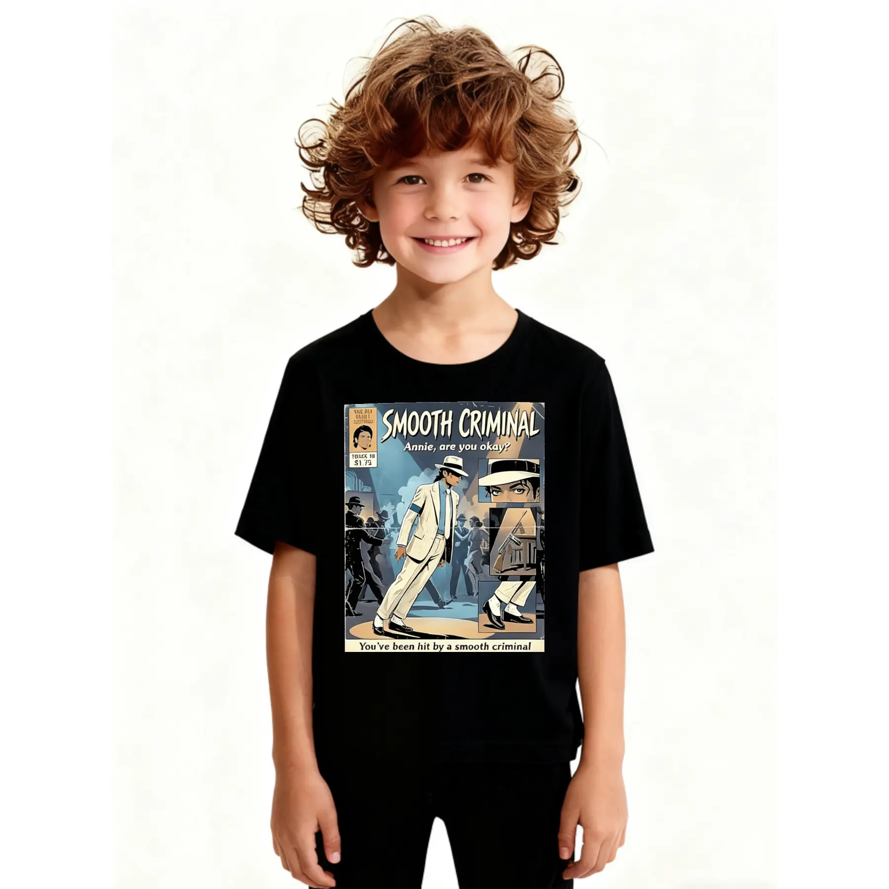 Kids' Michael Jackson Smooth Criminal Retro Comic Graphic Print Short Sleeve Top - Soft Cotton Daily Casual King of Pop Youth Sports Tee, Annie Are You Okay Fan Gift for Boys/Girls, Short Sleeve Tops, Unisex Size