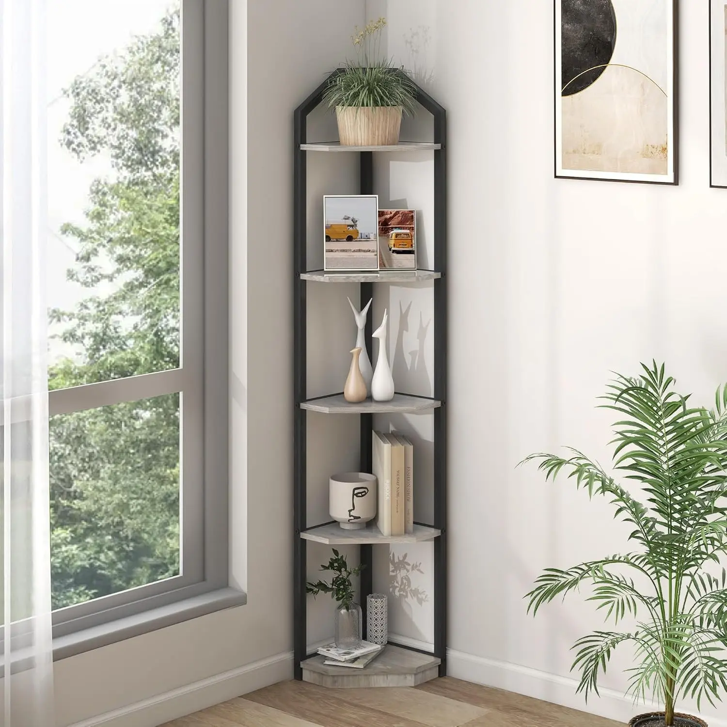 5 Tier Corner Shelf, 70” Corner Shelf Stand, Corner Bookshelf Plant Stand, Storage Shelf for Bathroom, Living Room, Kitchen, Home Office, Grey