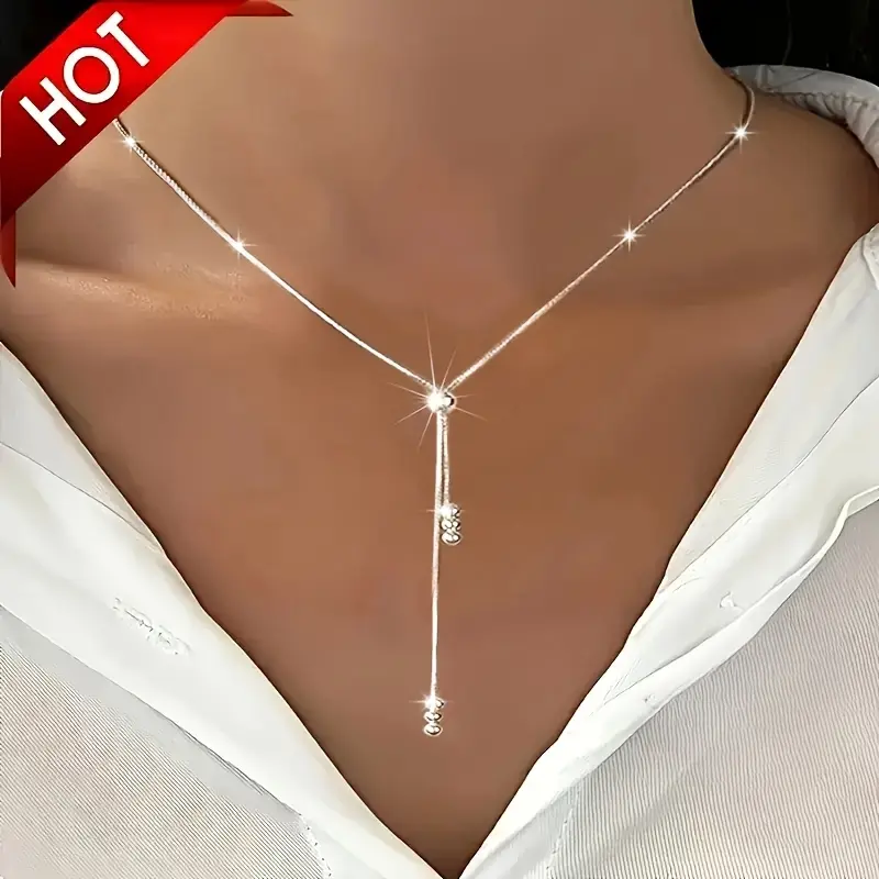 925 sterling silver plated elegant Y-shaped necklace, suitable for women, adjustable bead slider, low allergenicity, simple classic design, suitable for daily wear and vacation, perfect gift