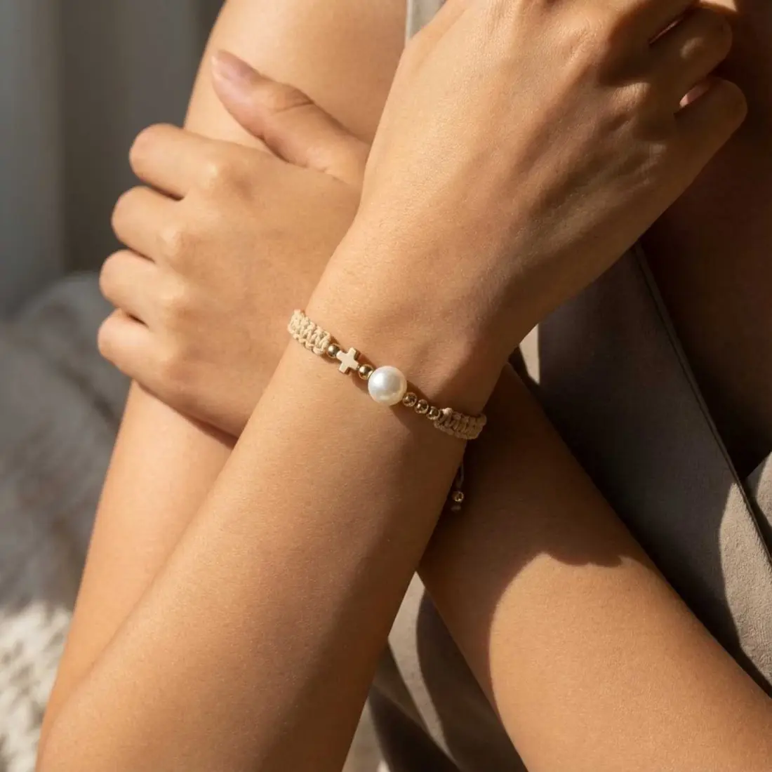 Pearl Cross Handwoven Bracelet for Women, Versatile Love Charm Adjustable Bracelet, Minimalist Khaki Cord Beaded Jewelry, Trendy Dainty Wrist Accessory for Daily Wear, Casual Outfit & Gift Idea