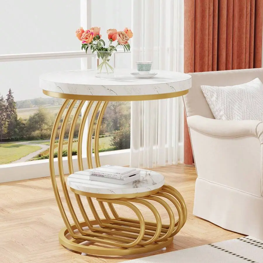 Gold Round End Table: 2 Tiers Faux Side Table With Storage Shelf, Modern White Gold Bedside Nightstand, Metal-Shaped Frame Accent Table Living Room, Bedroom