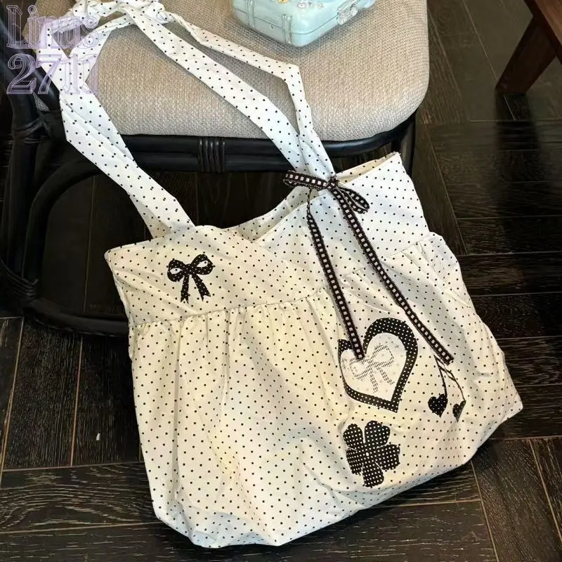 Cute Polka Dot Heart Print Tote Bag for Women, Ruffled Hem Large Capacity Shoulder Bag, Sweet Bow Decor Casual Commute Handbag, Aesthetic Lightweight Canvas Shopper Bag, Teen Girls Daily School Bag, Fashionable Ladies Storage Purse for Travel, Shopping, D