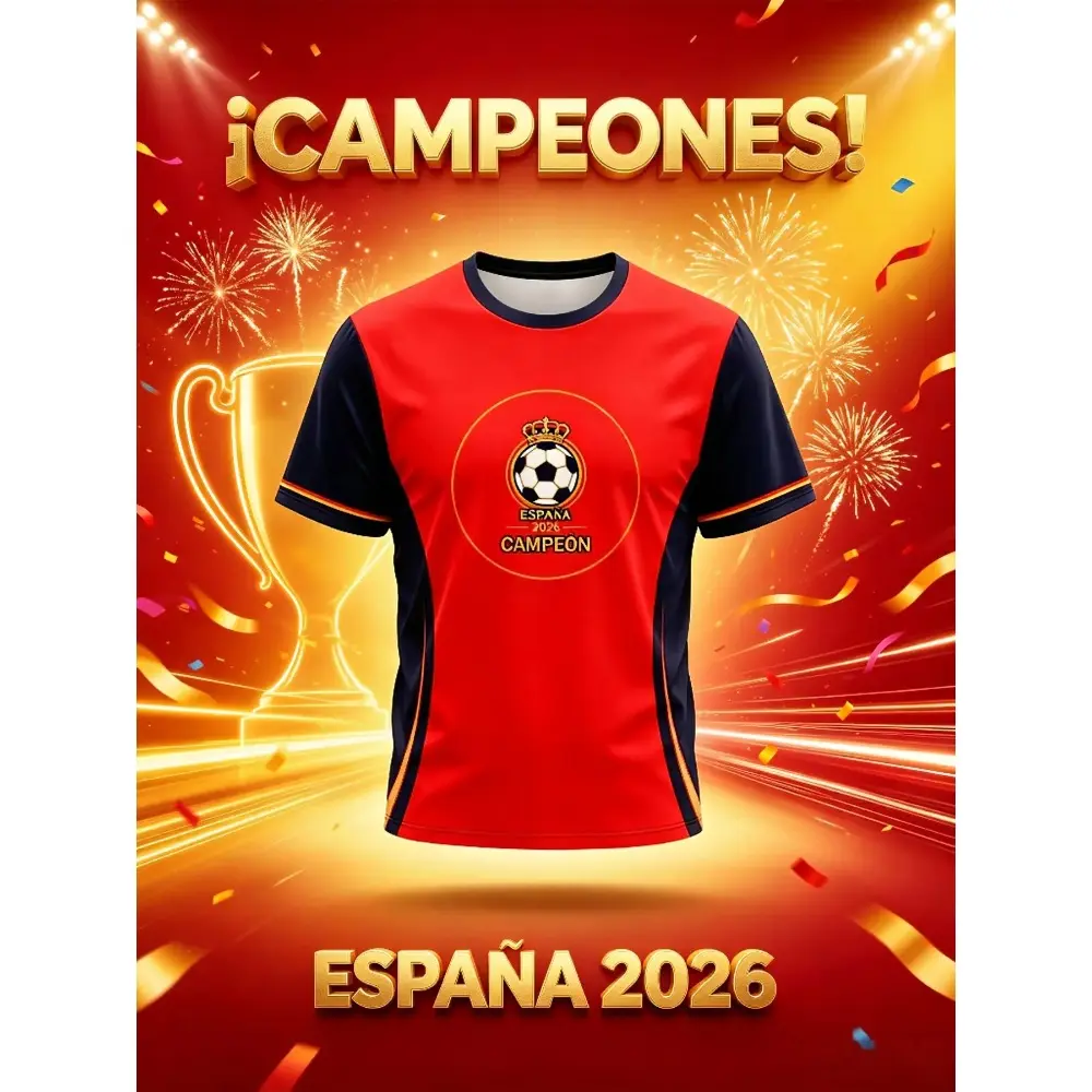 Unisex Spain 2026 Championship Memorial Short-Sleeve Football Fashion T-Shirt, Casual Wear Fitted Cut Graphic Tee, Unlined, Collarless, Zipper-Free, Short-Length Sports Top