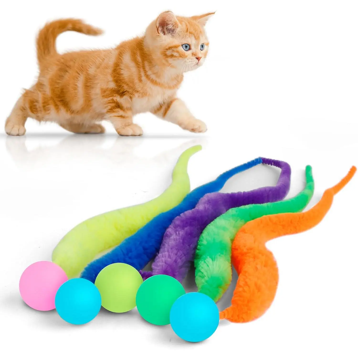 Bouncy Ball with Tail Cat Toys-5 Packs,Large Magic Worm with Fluorescent Ball Toy for Cats,Colorful Fuzzy Worm Bouncy Glow Balls Cat Toy