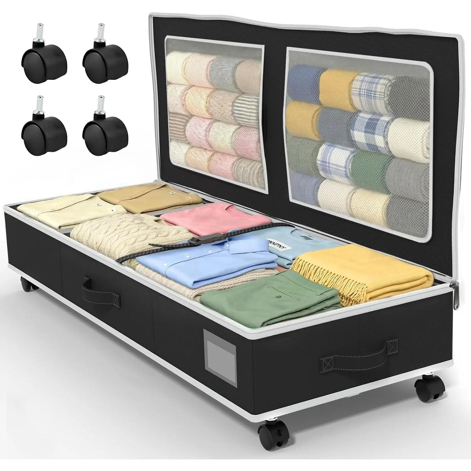 Under Bed Storage with Wheels: 70L Rolling Bins for Wrapping Paper Storage, Toys, Clothes - Includes Mesh Bag & Adjustable Dividers, Metal Frame Easy Pull-out Black 1-Pack