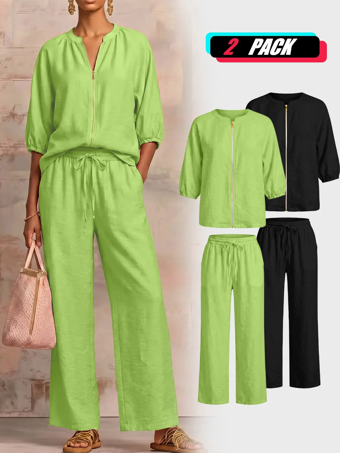 Women's 2 Piece Lounge Set, Quarter Zip Pullover Top & Wide Leg Pants with Pockets, Casual Knit Matching Outfit, Soft Comfy Loungewear Set for Women, Adjustable Drawstring Waist Pants Set for Women，Cozy Travel & Everyday Wear