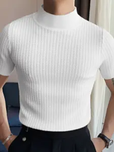 2026 Summer New Arrival Casual Simple Knit Top, European and American Men's High Neck Ripple Solid Color T-Shirt, Fashionable Outerwear