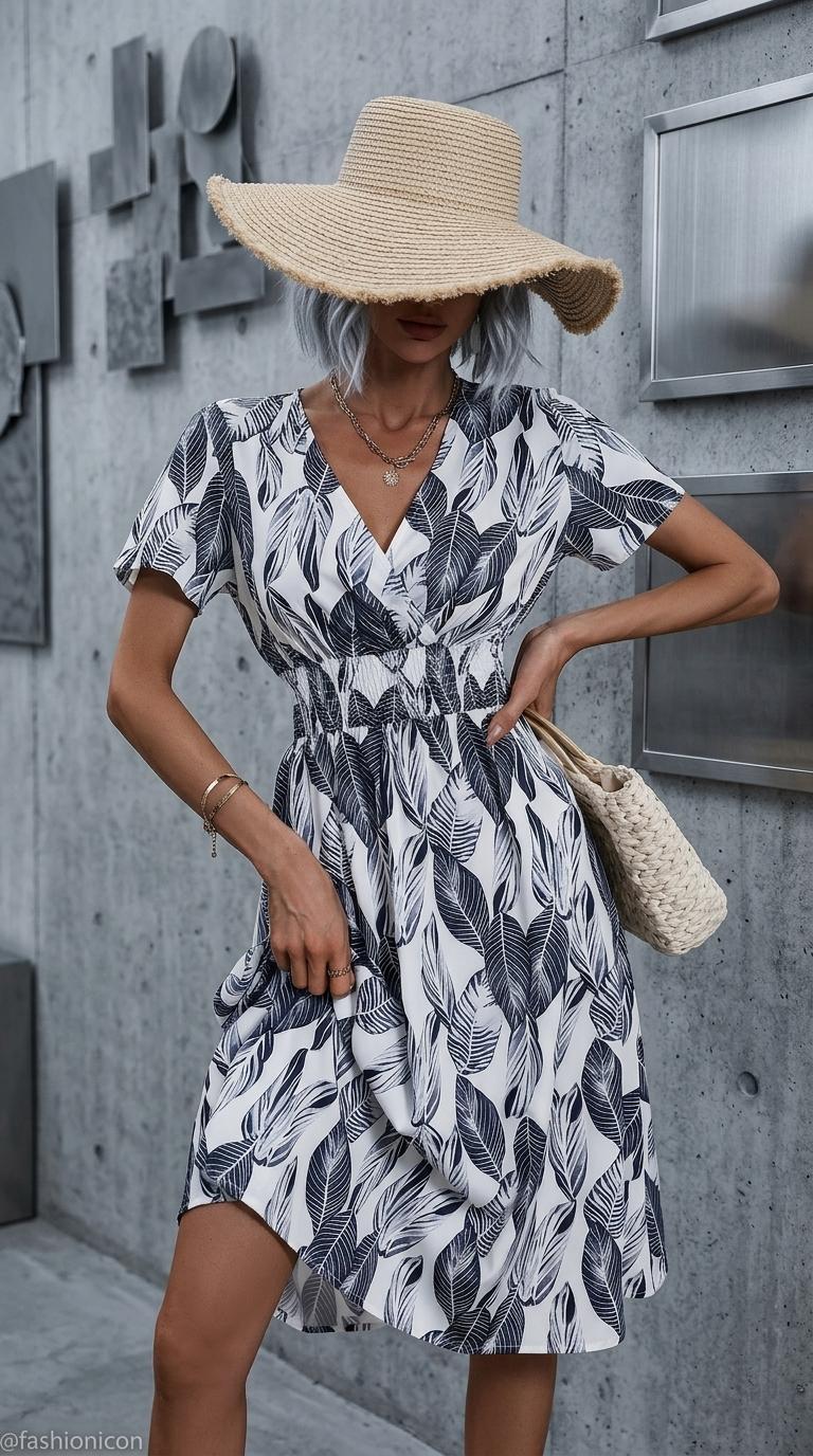 The Coralia Dress |       Midnight Mushroom Medley Summer Floral Print Short Sleeve Dress