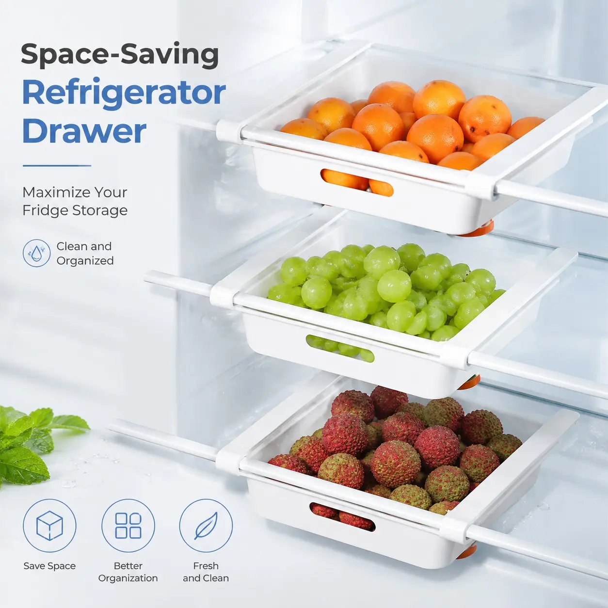 2 Pull-Out Hanging Refrigerator Drawers, No-Drill Sliding Food Storage Boxes, Organize Fruits Vegetables Small Ingredients