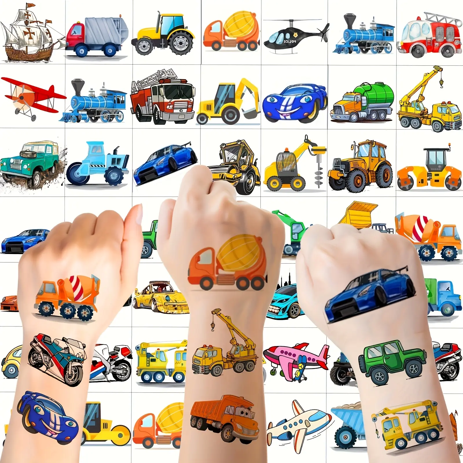 50 PCS Kids Tattoo Bulk Construction Temporary Tattoos for Boys Girls Face Arm 3D Excavator Bulldozer Truck Racing Car Fake Tattoo Sticker for Party Sets Birthday Gifts Cute Small Vehicle Tattoos Decals