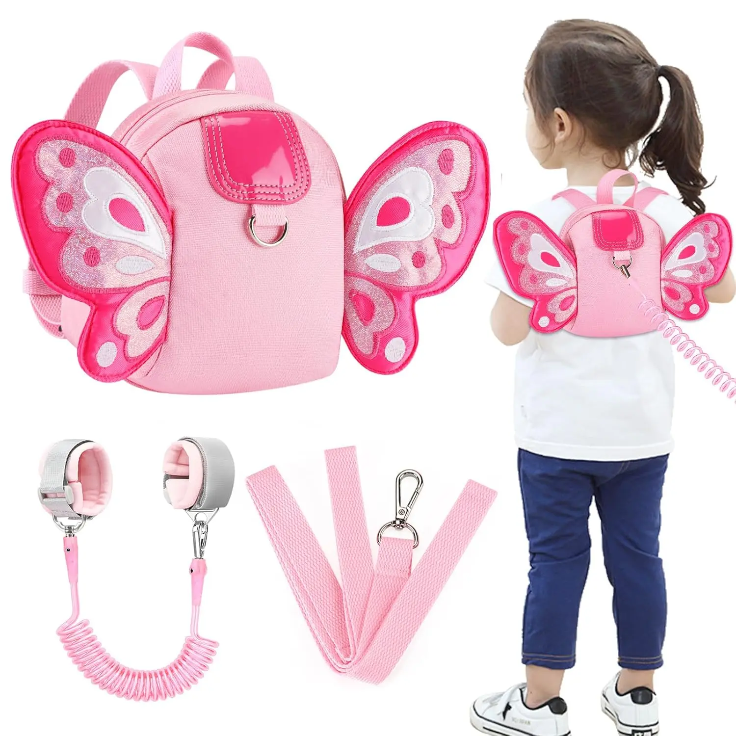 Toddler Harness Backpack Leash, Cute Butterfly Kid Backpacks with Anti Lost Wrist Link, Mini Child Backpack Harness Leashes Walking Wristband Travel Bag Harness Rein  Baby Girls (Pink) New model