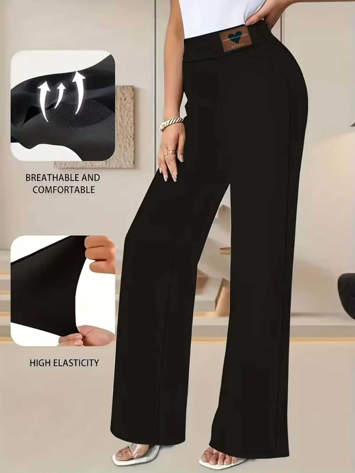 High-Waisted Heart Patch Micro Flare Suit Pants, Lightweight Luxury Commuter Style, High Elastic Waist Slim Fit, Anti-Wrinkle Fabric