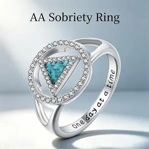 AA Sobriety Ring for Women Zinc Alloy Triangle Paved Hollow Out Engraved One Day At A Time Alcoholics Anonymous Addiction Recovery Inspirational Jewelry Sober Anniversary Encouragement Gifts for Her Him Fashion Statement Finger Rings