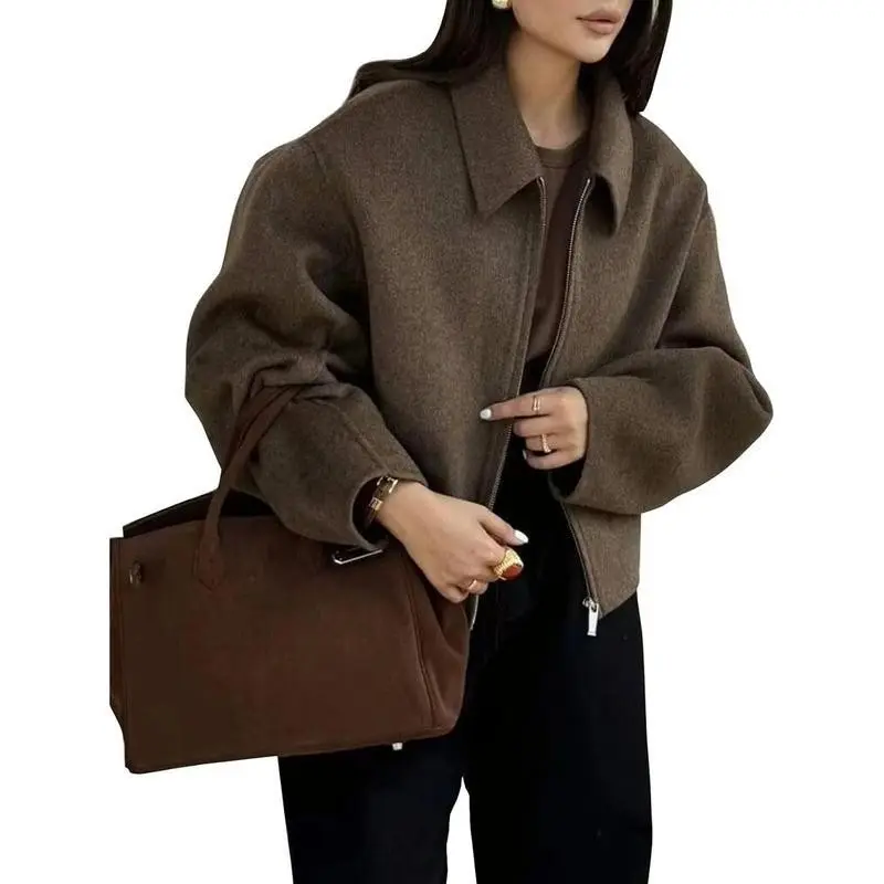 Womens Cropped Wool Jacket Plain Zipper Short Pea Coats Fall Winter Trendy Tweed Jackets 2025 Can be used with raincoat