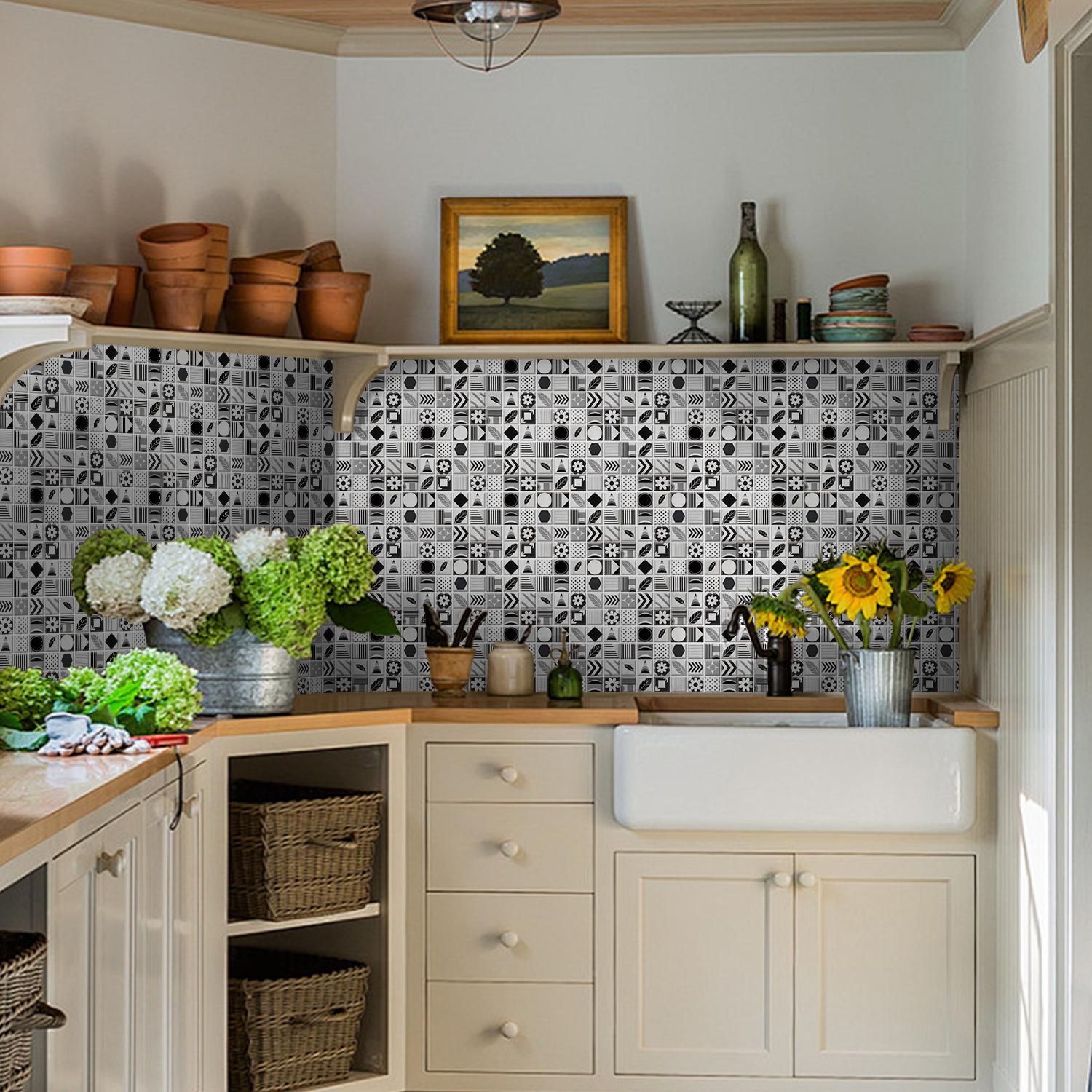 Geometric Pattern Tile Backsplash, Self-adhesive Removable Tile Backsplash, Waterproof & Oil-resistant Wall Decor for Kitchen & Bathroom