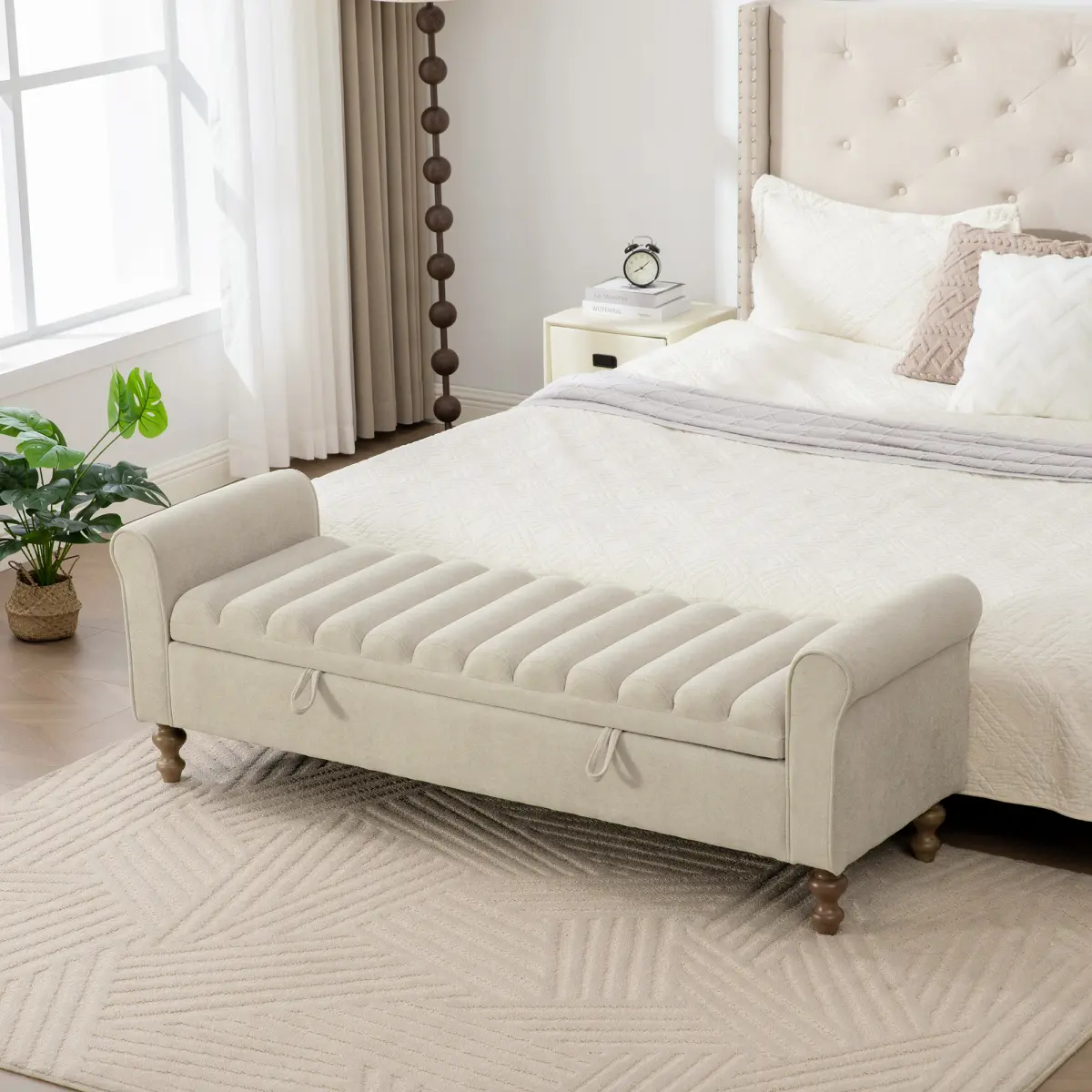 65.55" Wide Modern Upholstered  Storage Bench , Napped fabric Bed End Foot Stool With Rolled Armrest, Bench Daybed With Rubberwood Legs For Living Room, Entryway, Dormitory, Bedroom,Griege