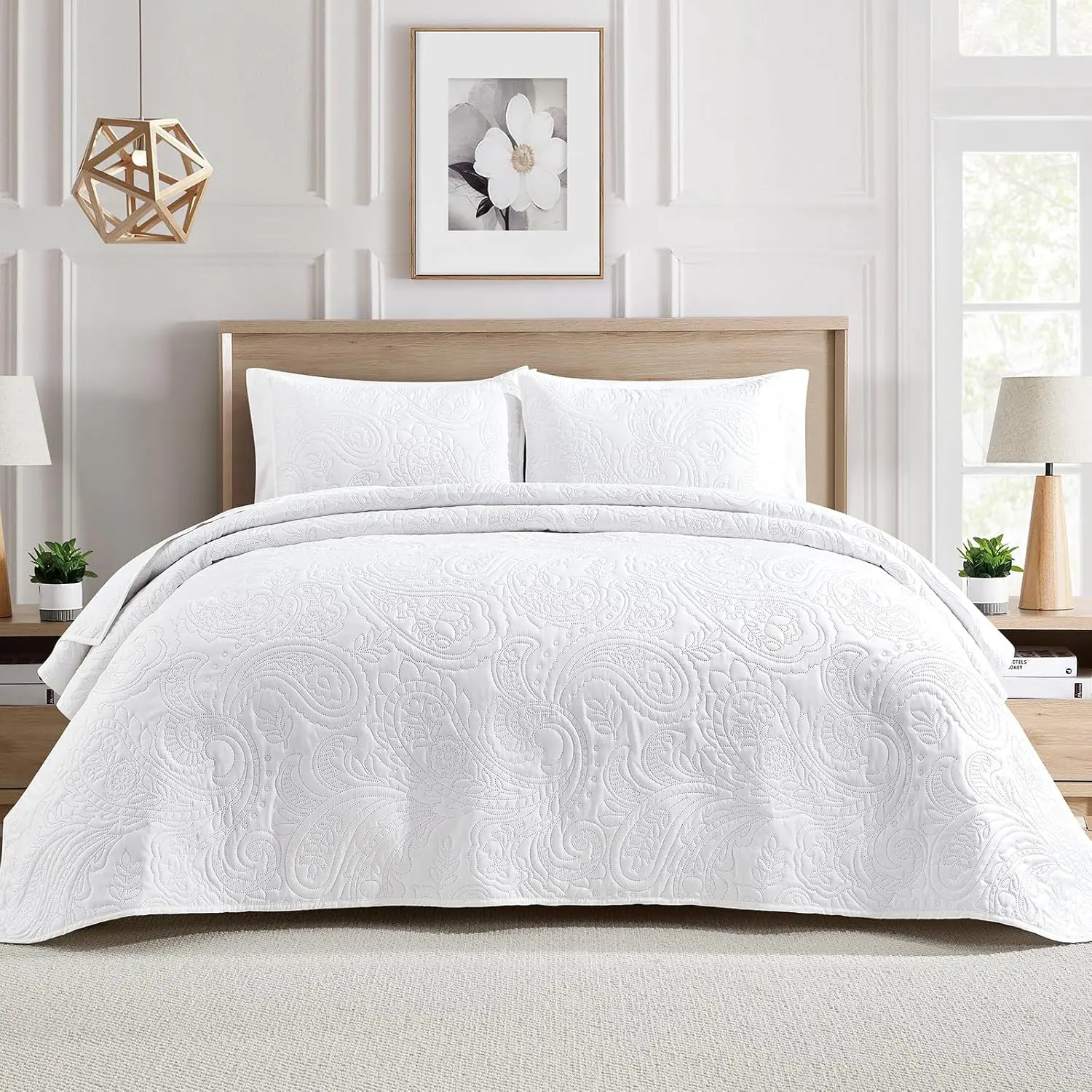 Ultrasonic White King Set 3-Piece Soft Bedding Set Bedspread| Leaf Set All Season Lightweight Bedspread with Matching Pillow Shams Neutral Quilted Coverlet for Bedroom Decor
