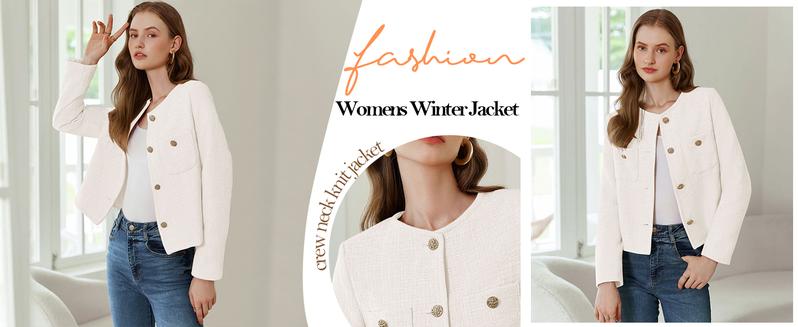 Women's Tweed Blazers Long Sleeve Business Button Down Casual Cropped Blazer Jackets with Pockets