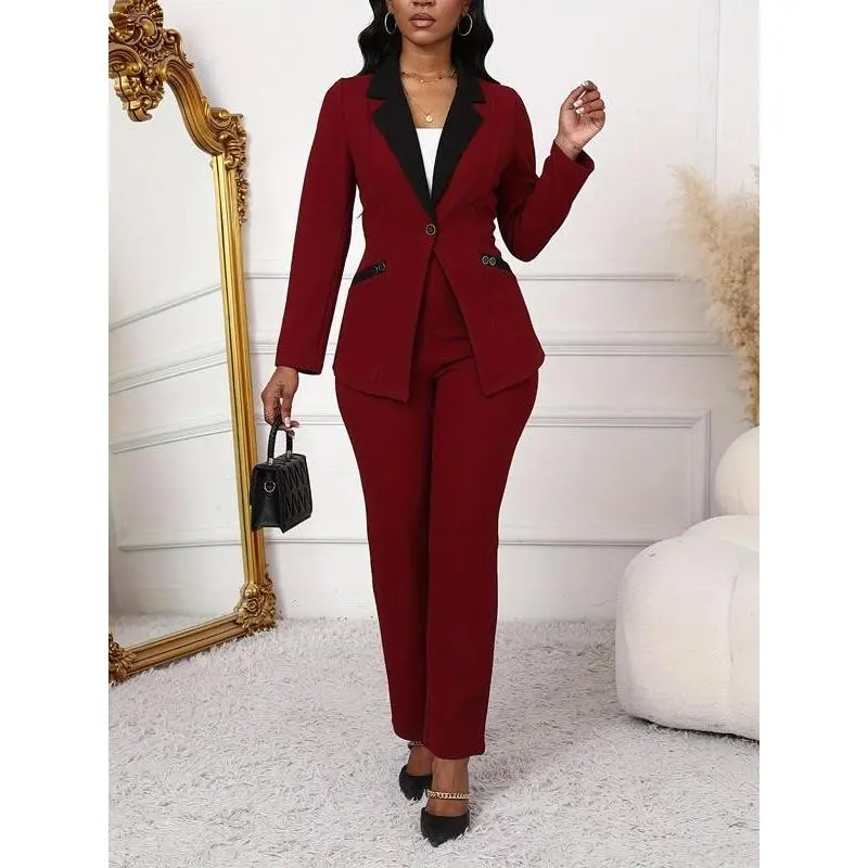 Two-piece Set Women's Colorblock Lapel Neck Pocket Button Blazer & Pants Suits, Elegant Fashion Two Piece Outfits for Work Office Business, Ladies Clothes for All Seasons