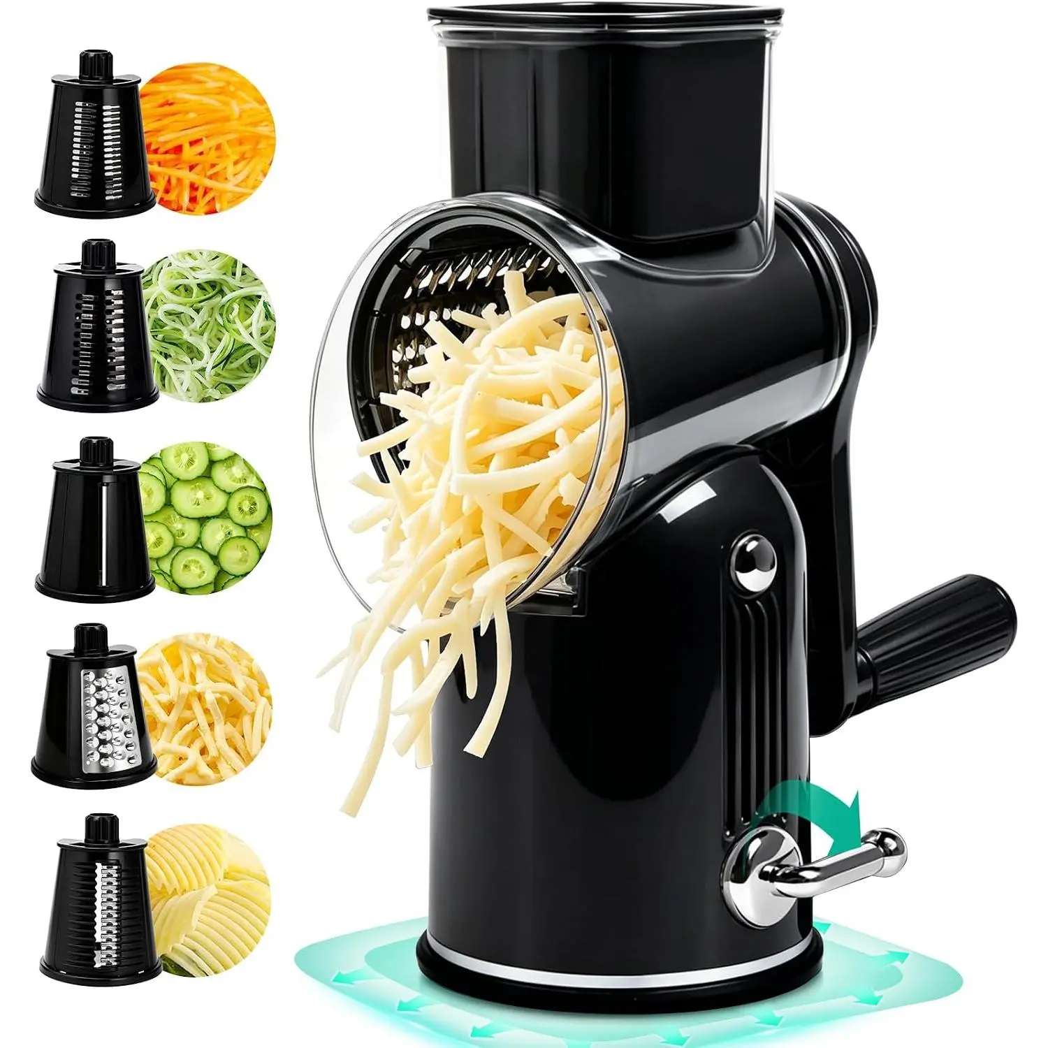 Hand Crank Rotary Cheese Grater, 5   Slicer Shredder ,  Suction Round Base Kitchen Gadget with Storage Box for Fruit Veggie Nut, Black