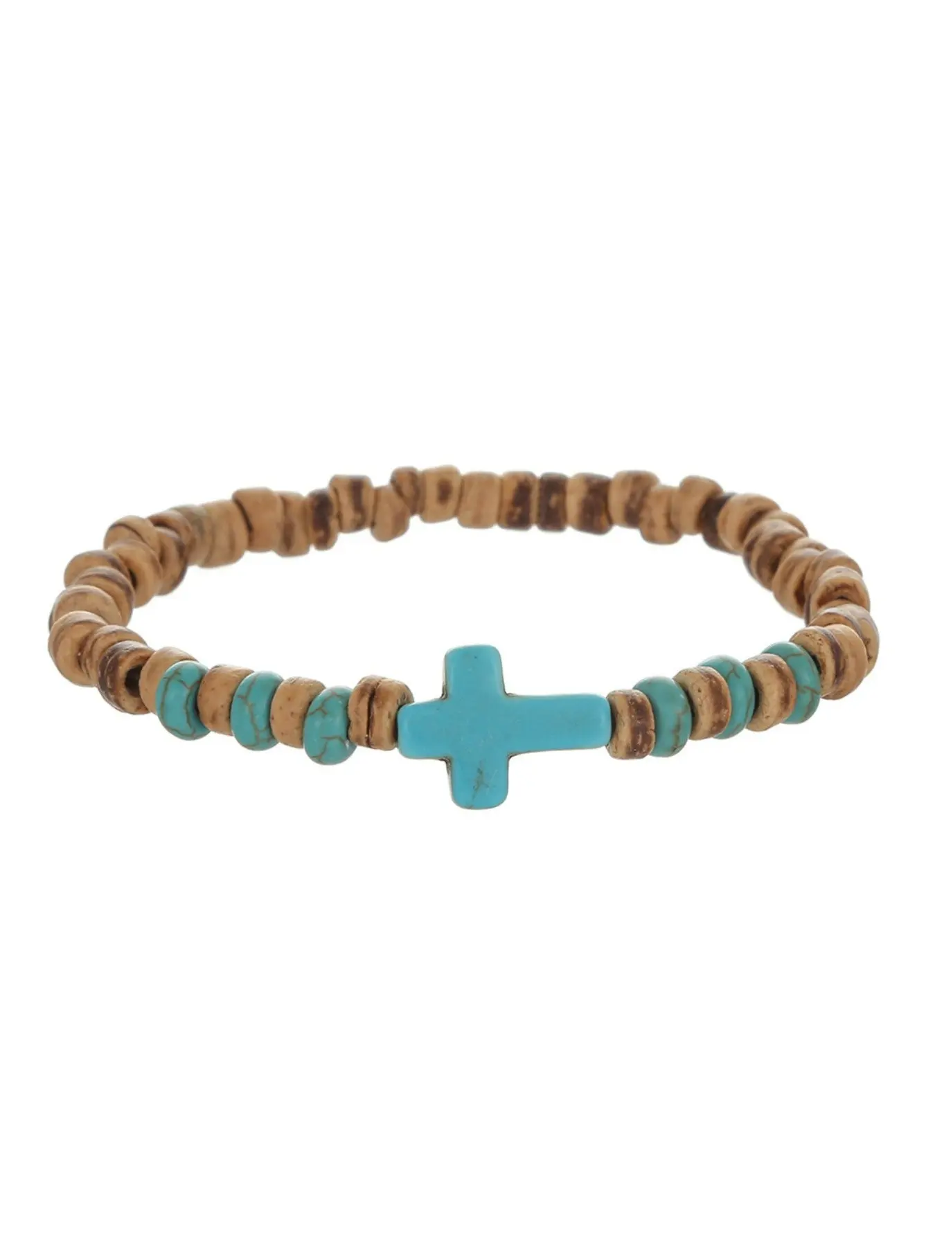 Coconut Shell Wood Slice Turquoise Cross Bracelet, Men's Hip Hop Aesthetic Handmade Beaded Elastic Wooden Band, Unique Fashion Accessory