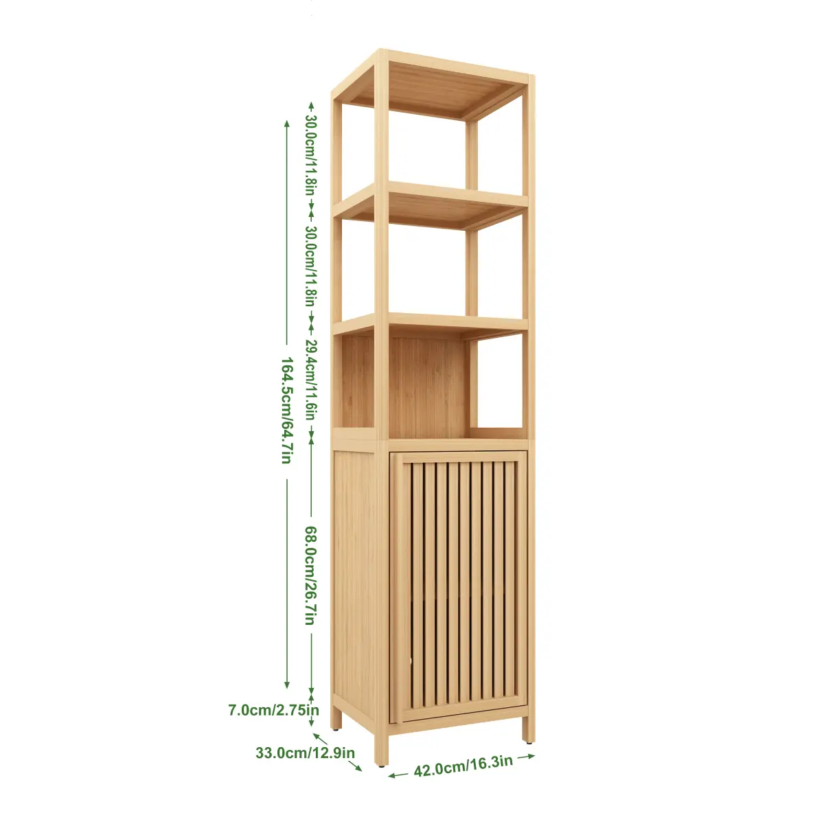 Slim Tall Freestanding Natural Bamboo Cabinet with Shutter Door, 3-Tier Shelves, Linen Tower Organizer for Living Room, Bathroom