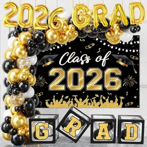 Graduation Decorations 2026, Black Gold Party Supplies - 123pcs Balloon Boxes with Letters, Arch Kit and Backdrop for Class of 2026 Grad