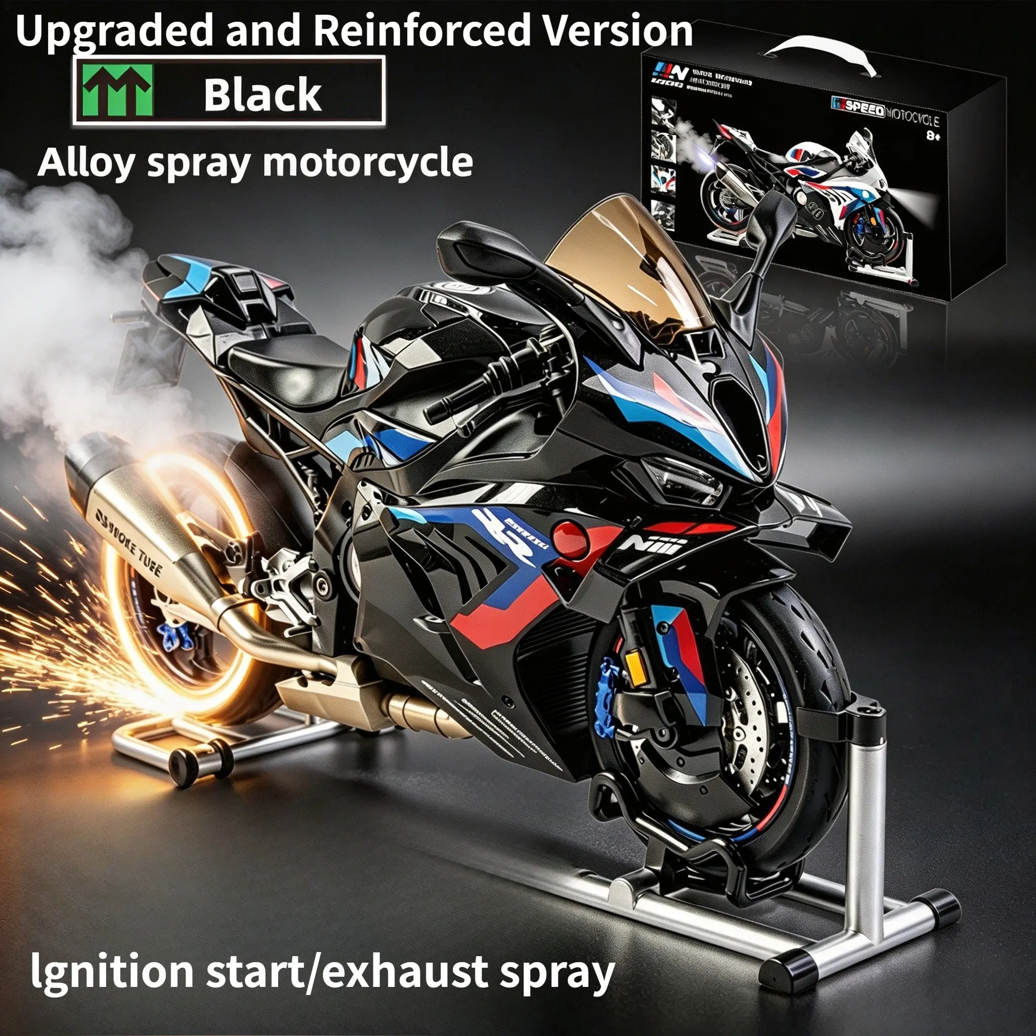 New Upgrade Version Startable Spray Dynamic Alloy Motorcycle Model, Key Turn Ignition Simulation, Shock Absorbers, Gift for Valentine's Day