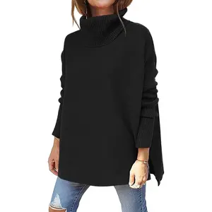 Women's Turtleneck Oversized Long Batwing Sleeve Pullover Sweater Spilt Hem Knit Sweater