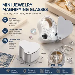 30x & 60x Dual Magnification LED Illuminated Portable Jeweler's Loupe, Professional Mini Microscope for Coin Stamp Jewelry Gem Rock Antique Inspection, Handheld HD Magnifier Tool for Collectors