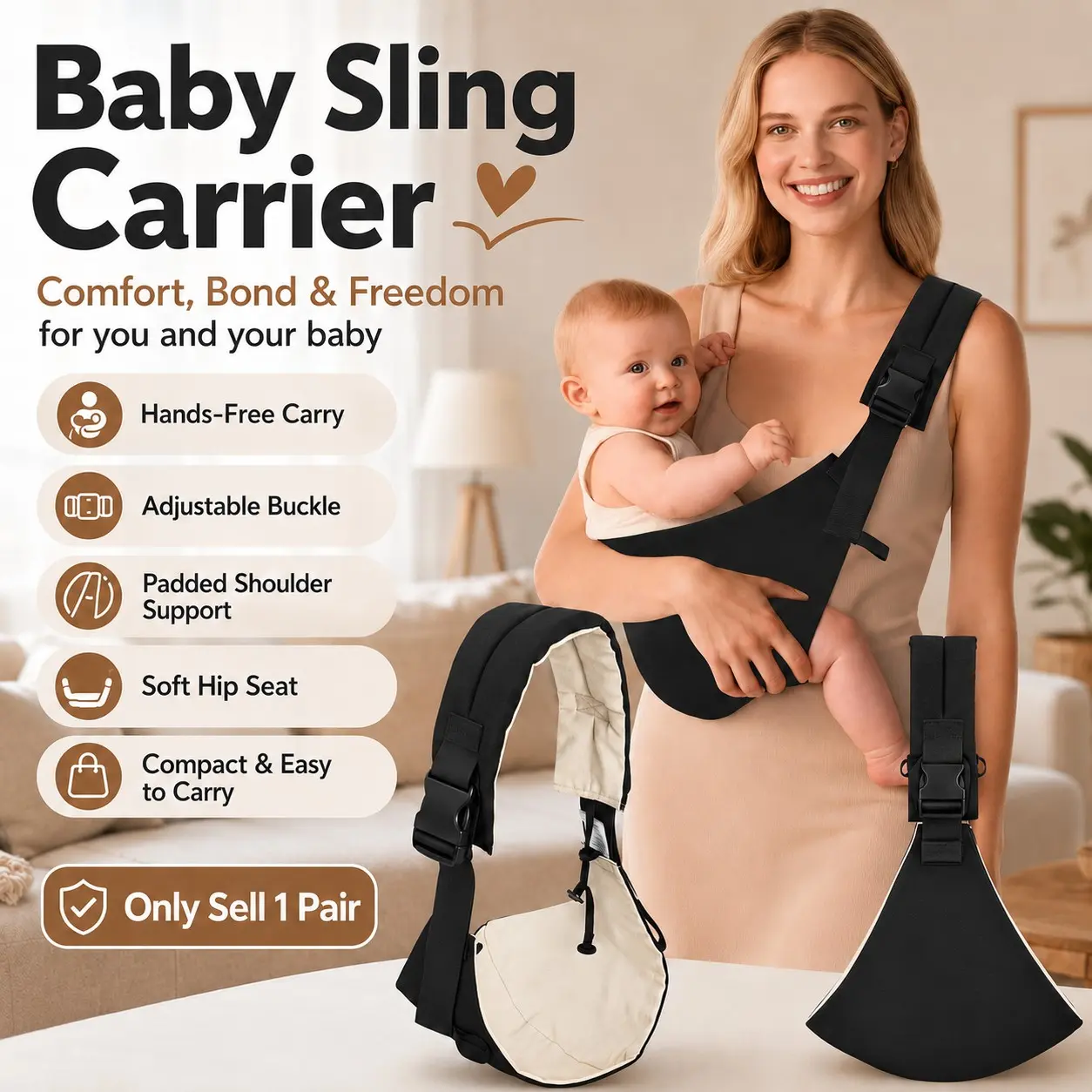 Baby Sling Carrier, Hands Free Carrier, Infant to Toddler Adjustable One-Shoulder Crossbody Design with Hip Seat Support, Black Labor-Saving Baby Wrap Carrier with Padded Shoulder Strap, Baby Holder for 10-30 lbs, 3-36 Months, Travel, Shopping, Home Use