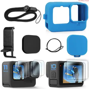 Silicone Protective Case Kit for GoPro Hero 12/11/10/9 Black, Full Wrap Shockproof Frame Cover, Lens Cap, HD Tempered Glass Screen & Lens Protector Film, Anti-Scratch Action Camera DIY Bag Accessories