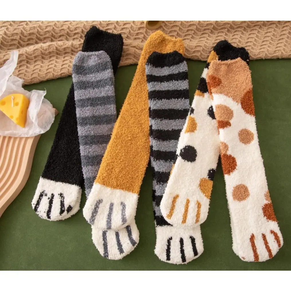 [Cat Socks, 2 Pairs] 2 Pairs Cute Cat Pattern Printed Warm Soft Elastic Home Sports Socks, Thick Fleece Mid-Calf Autumn Winter Style, Women's Socks, Cat Socks, Women's High-Quality Socks, Compression Socks, Scrunch Socks, Long Socks, Funny Socks
