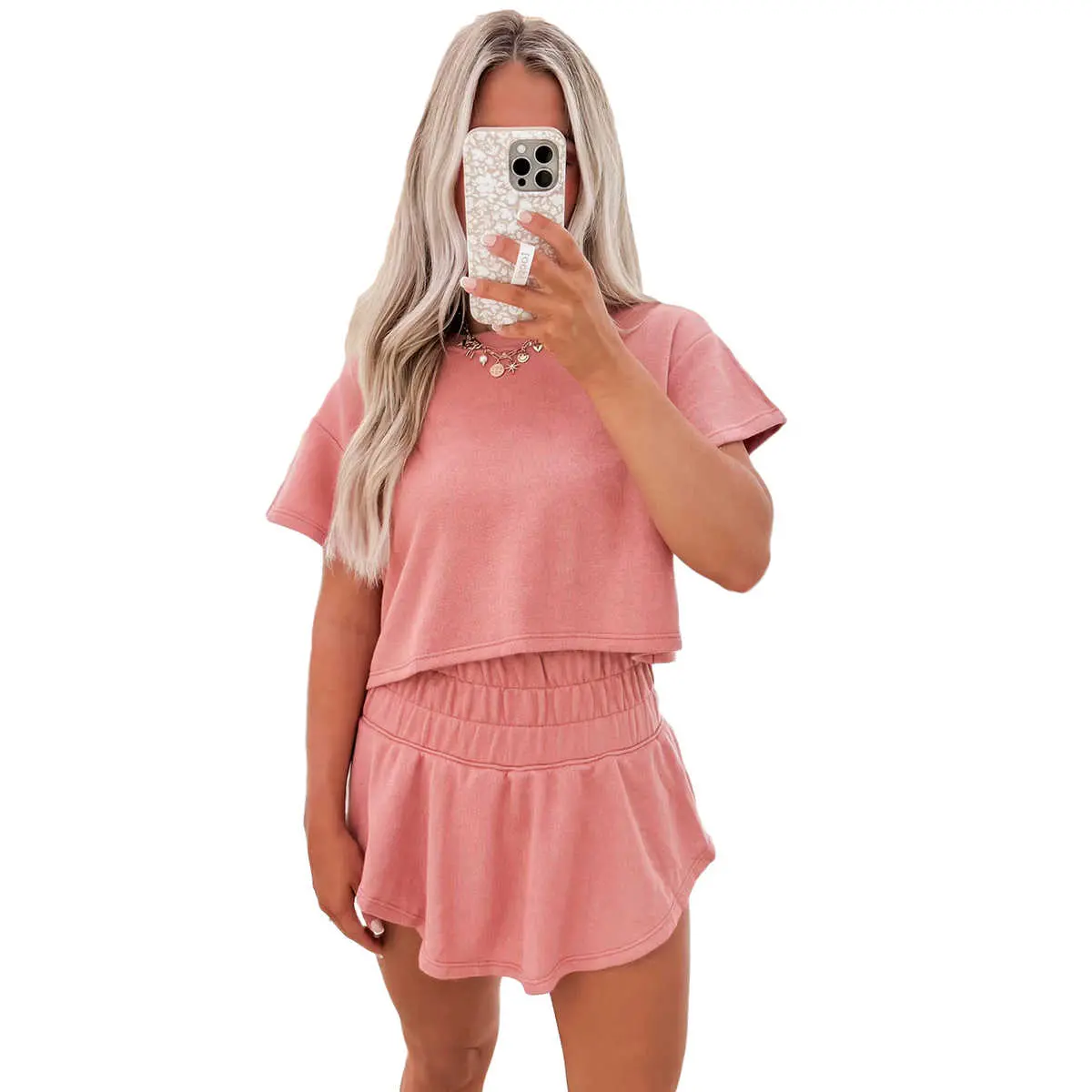 Women's 2-Piece Skort Set, Chic Cotton Blend Outfit with a Short Sleeve Cropped Tee and Ruffle High Waist Skort for a Casual Day Out, Shortsleeve, 2 Piece Sets, Matching Sets For Women