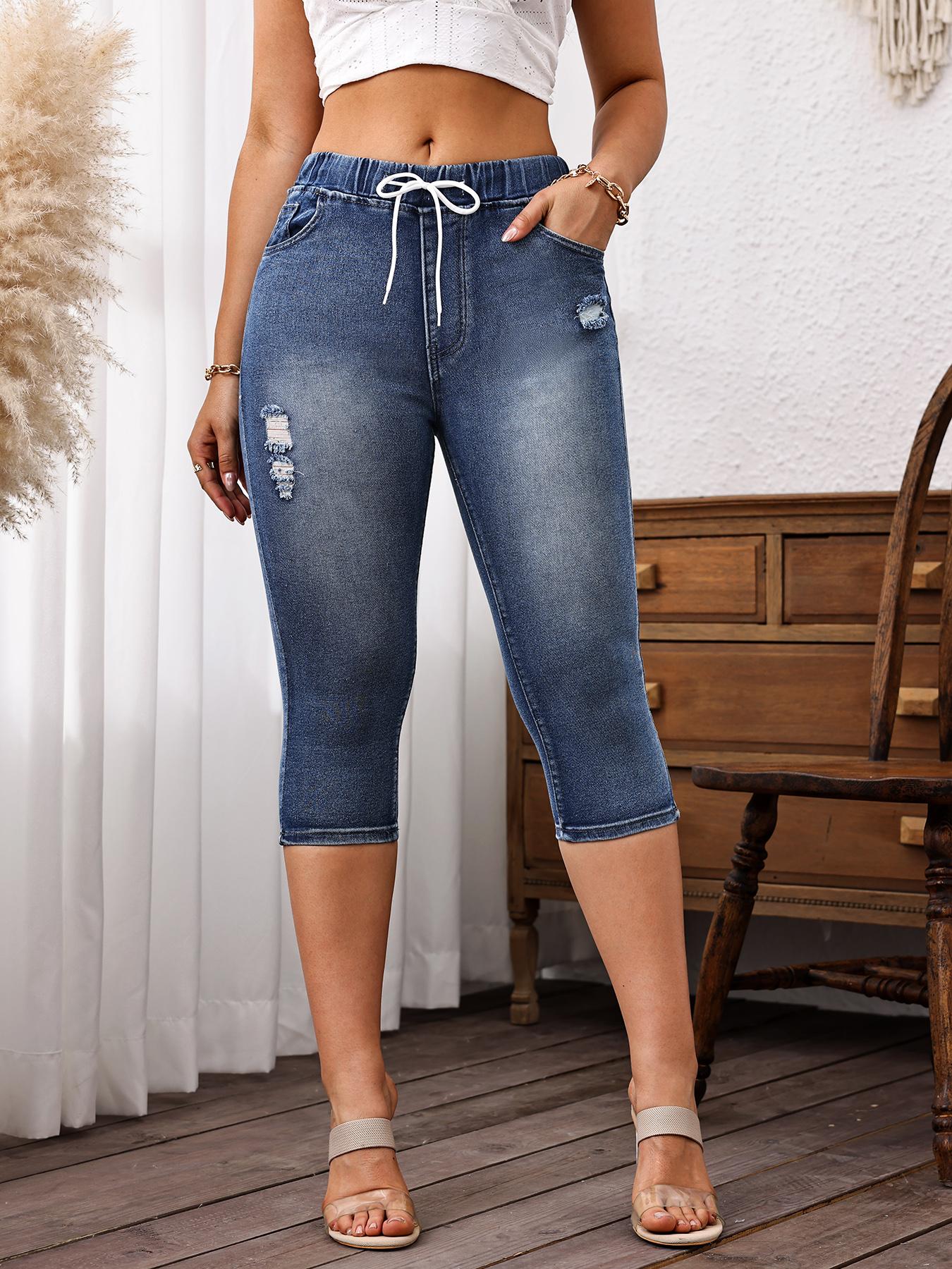 Women's Solid Drawstring Waist Ripped Capris Jeans, Casual Faded High Waist Denim Skinny Cropped Pants for Daily Wear, Ladies Bottoms for All Seasons