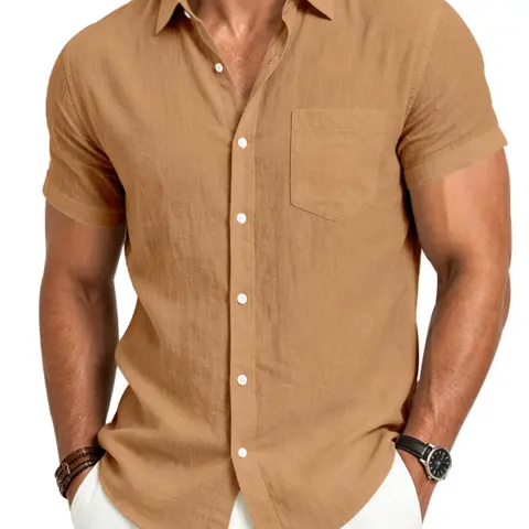 Men's Classic Linen Short-Sleeve Button-Down Woven Fabric Shirt, Casual Solid Color Collared Top with Chest Pocket, Wrinkle-Resistant Breathable and Lightweight Fabric, Ideal for Beach & Vacations, Summer Wear