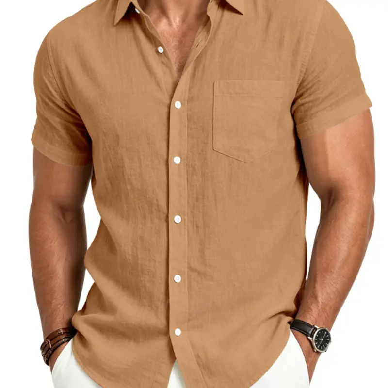 Men's Classic Linen Short-Sleeve Button-Down Woven Fabric Shirt, Casual Solid Color Collared Top with Chest Pocket, Wrinkle-Resistant Breathable and Lightweight Fabric, Ideal for Beach & Vacations, Summer Wear