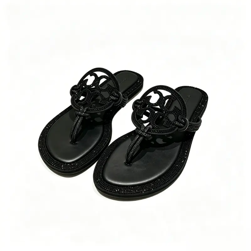 All Black Rhinestone Hollow Circle Logo Thong Flip Flop Sandals Full Sparkle Crystal Trim Soft Cushioned Faux Leather Insole Flat Anti-Slip Outsole Slip On Luxury Casual Summer Slides for Beach Vacation Daily Street Shopping Leisure Walking, Sandals For W