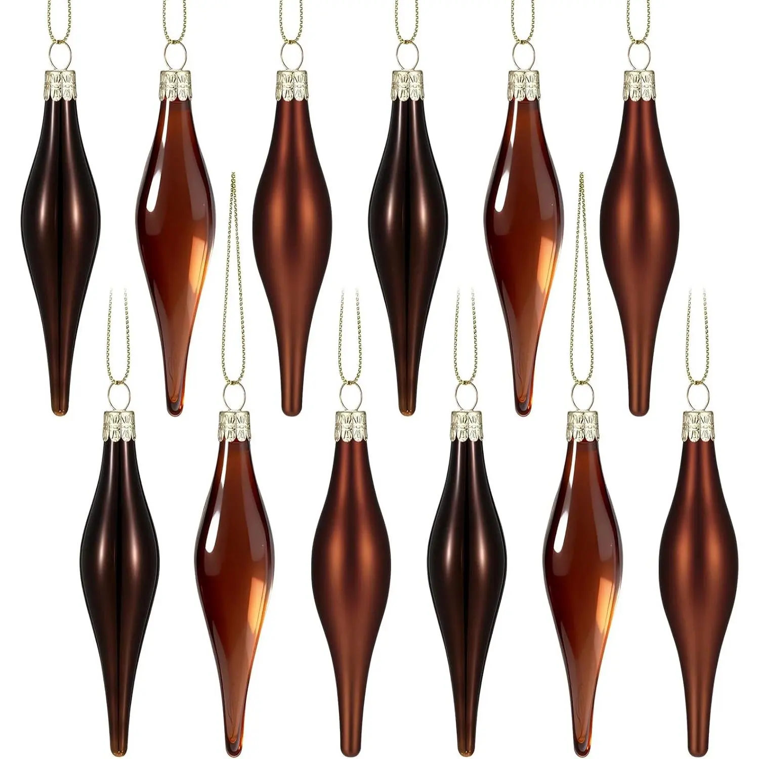 12 count Glass Teardrop Christmas Ornaments 4.72 Inch Luxury Christmas Ornaments Set Matte, Glossy & Transparent Teardrop Glass Baubles, Design for Xmas Tree Decorations Holiday(Brown)