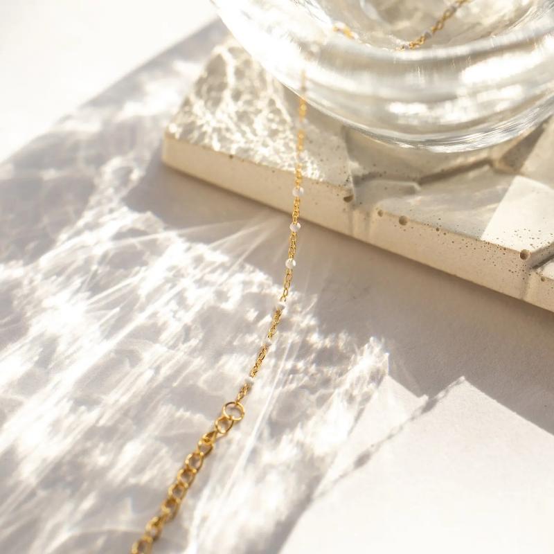 White Station Necklace by Caitlyn Minimalist - Dainty Beaded Layering Necklace in 18K Gold Finish & Sterling Silver - Minimalist Summer Jewelry - Mom Gift.