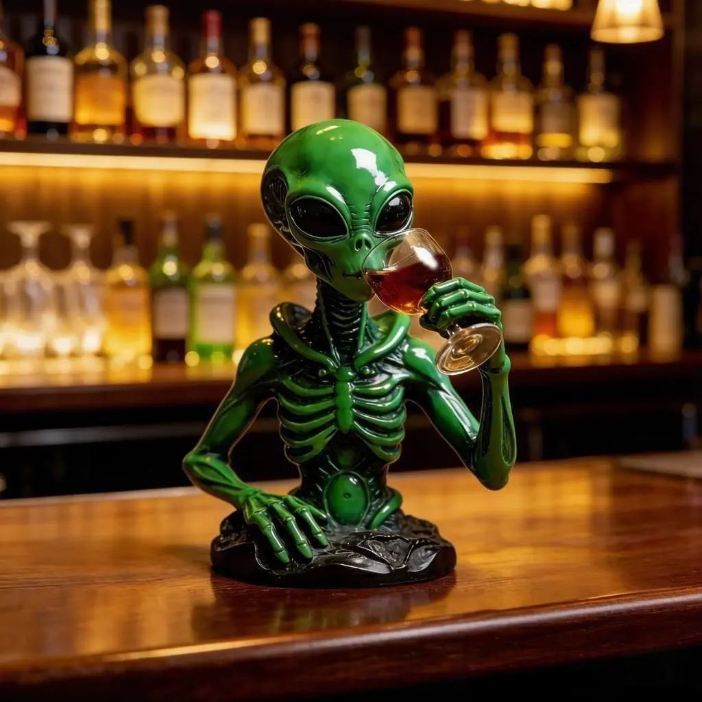 Creative Alien Resin Base Standing Statue, suitable for indoor and outdoor decoration. Alien statue for tabletop ornaments in the theme of alien invasion.