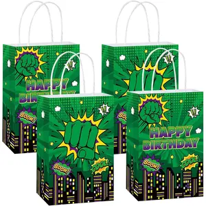 24Pcs Green Hero Theme Party Favor Bags with Handles Cartoon Green Hero Treat Candy Goodie Bags Comic Cityscape Gift Bags for Boys Girls Baby Shower Birthday Decorations