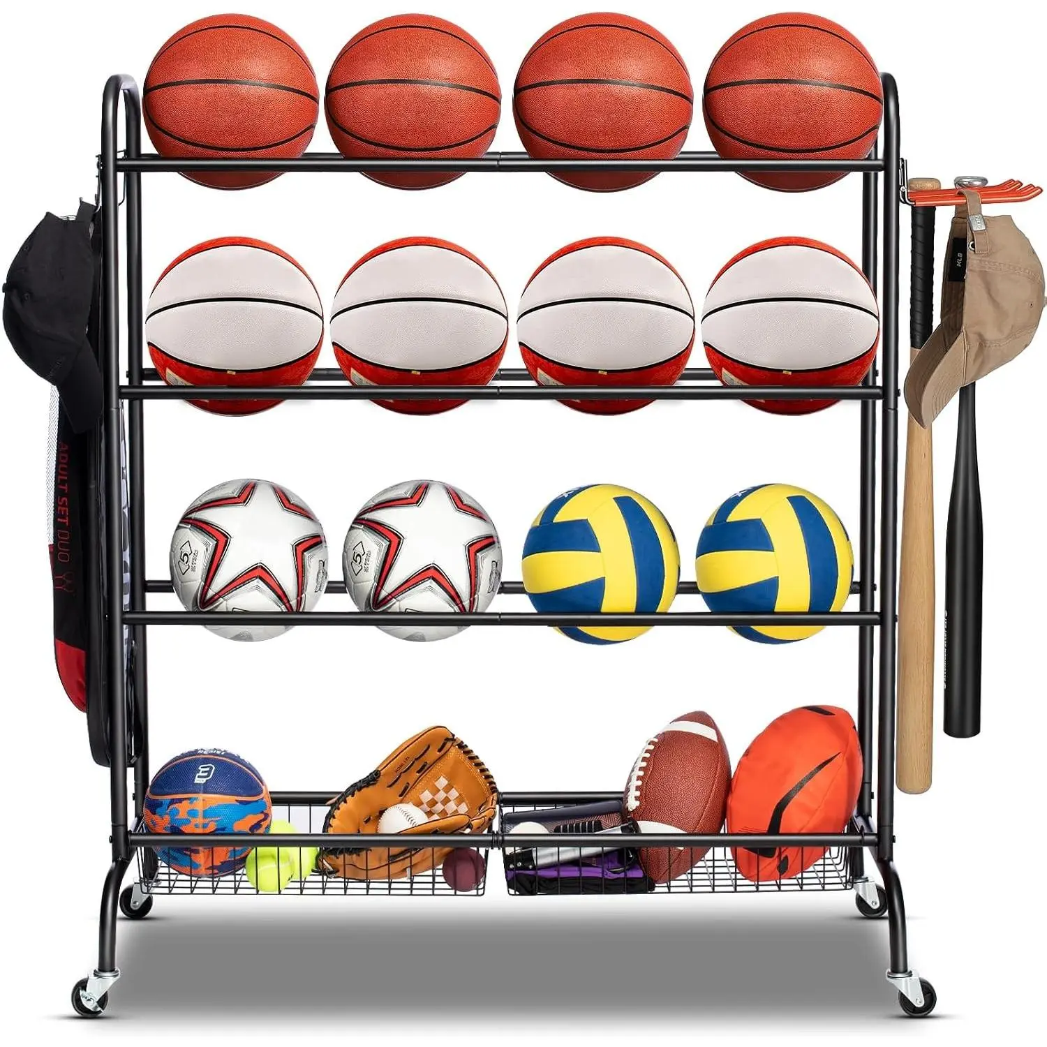 Basketball Rack, Rolling Basketball Shooting Training Stand, Sports Equipment Storage with Wheels, Four-Layer Organizer Holder with Two Basket for Basketballs, Footballs, Volleyball